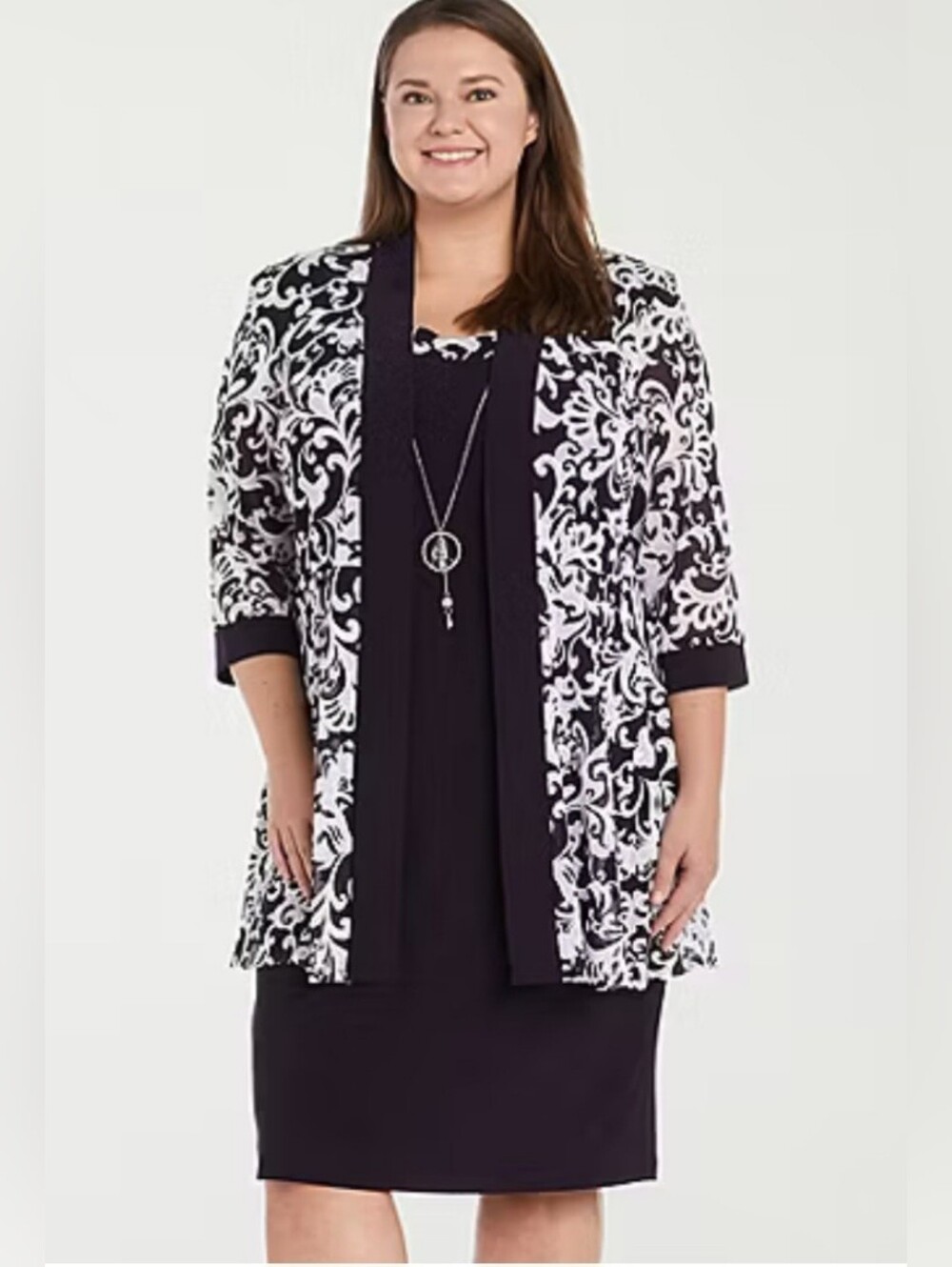 R&M Richards Black and White Floral Jacket Two-Piece Set